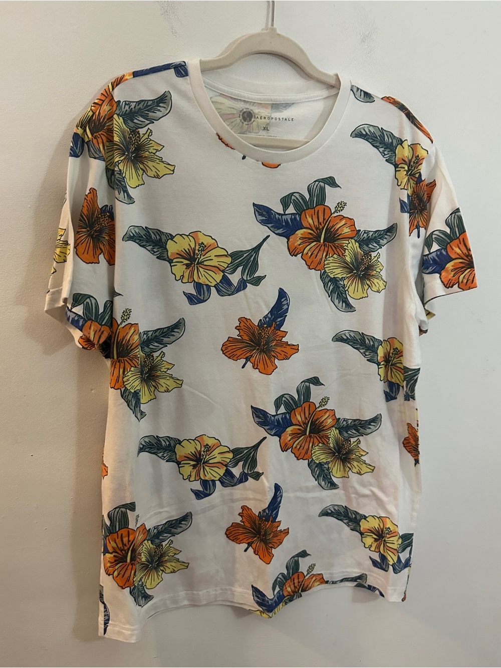 Aeropostale White Floral Short-Sleeve Tee with Yellow & Orange Blooms